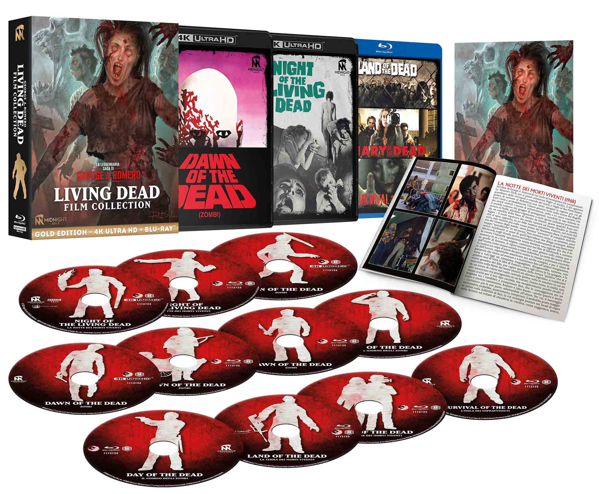 Living Dead Film Collection - Limited Edition Midnight Gold 3 4K Ultra HD + 8 Blu-ray + Booklet + Card (Blu-ray) Book, Publication, Poster, Person, Dvd